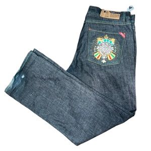 LRG Men’s embroidered bling beaded straight leg jeans, light wash, W34